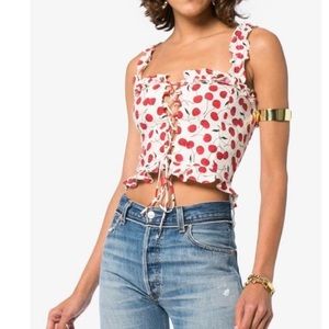 Reformation Cherry-Print Lace-Up Crop Top in White and Red